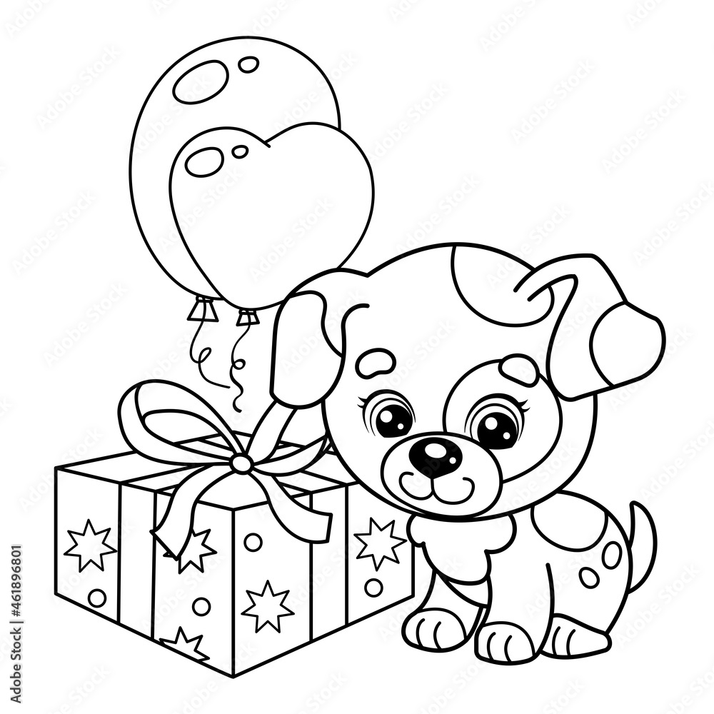 Coloring page outline of cartoon little dog with presents and balloons cute puppy as a birthday gift pet coloring book for kids vector