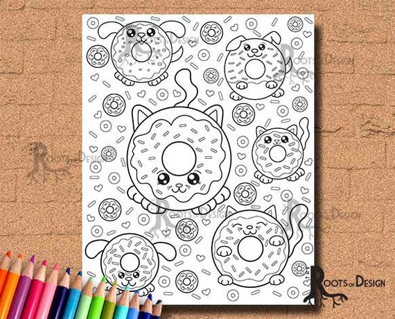 Instant download coloring page dog and cat donuts art coloring print doodle art printable