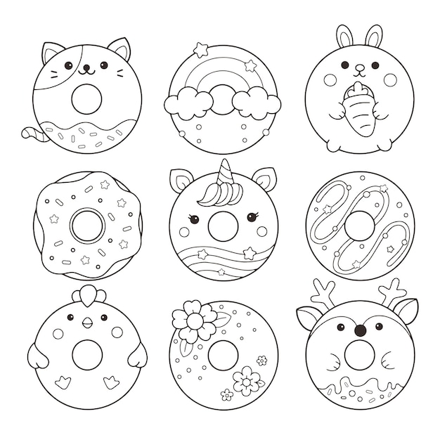 Premium vector cute donuts character coloring page