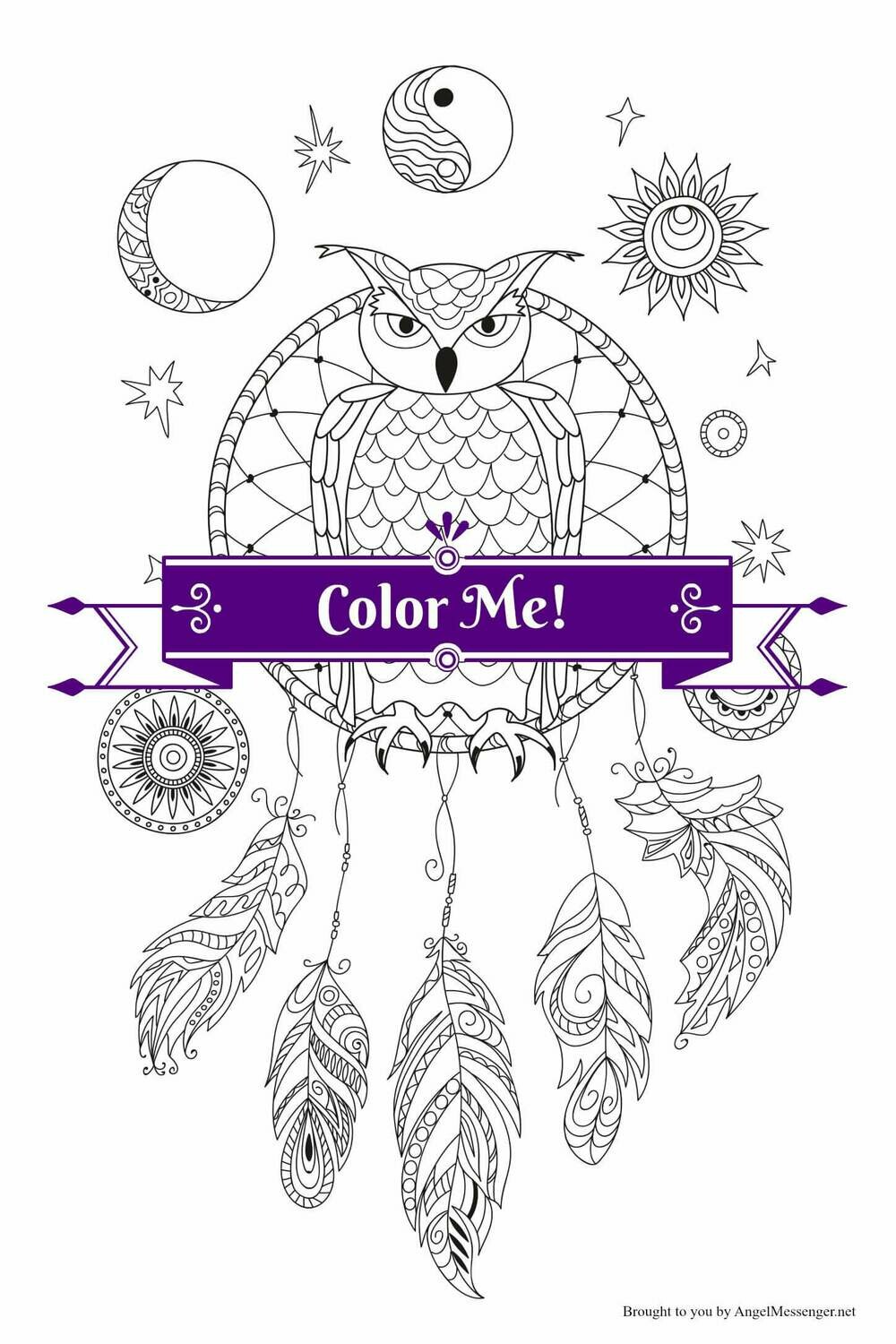 Owl dream catcher coloring page adult coloring page