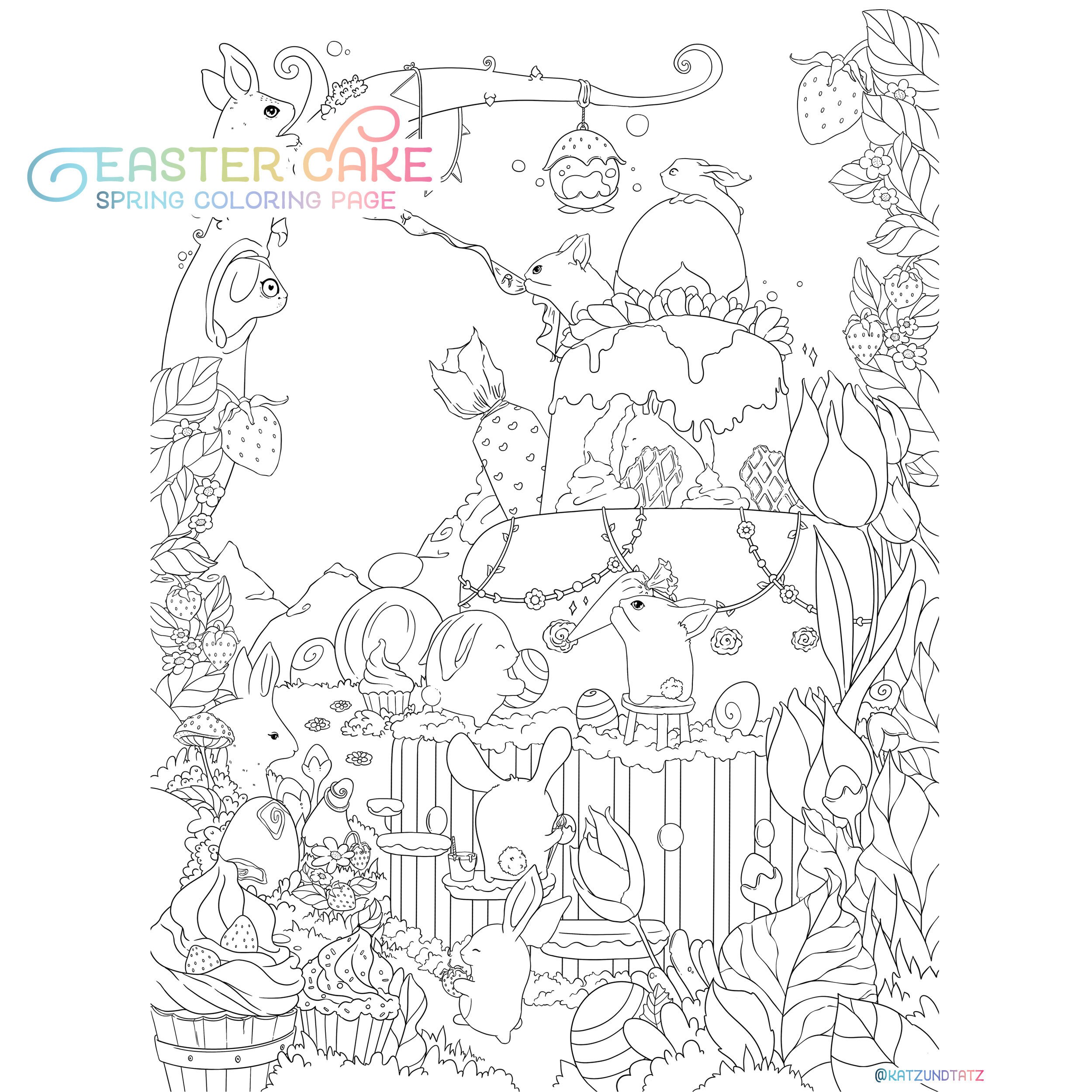 Easter coloring page cute bunnies spring adult coloring page cake eggs digi stamp kawaii doodle digital download pdf printable by jen katz