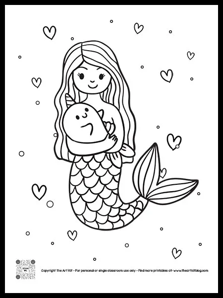 Cute mermaid girl with narwhal coloring page free printable â the art kit