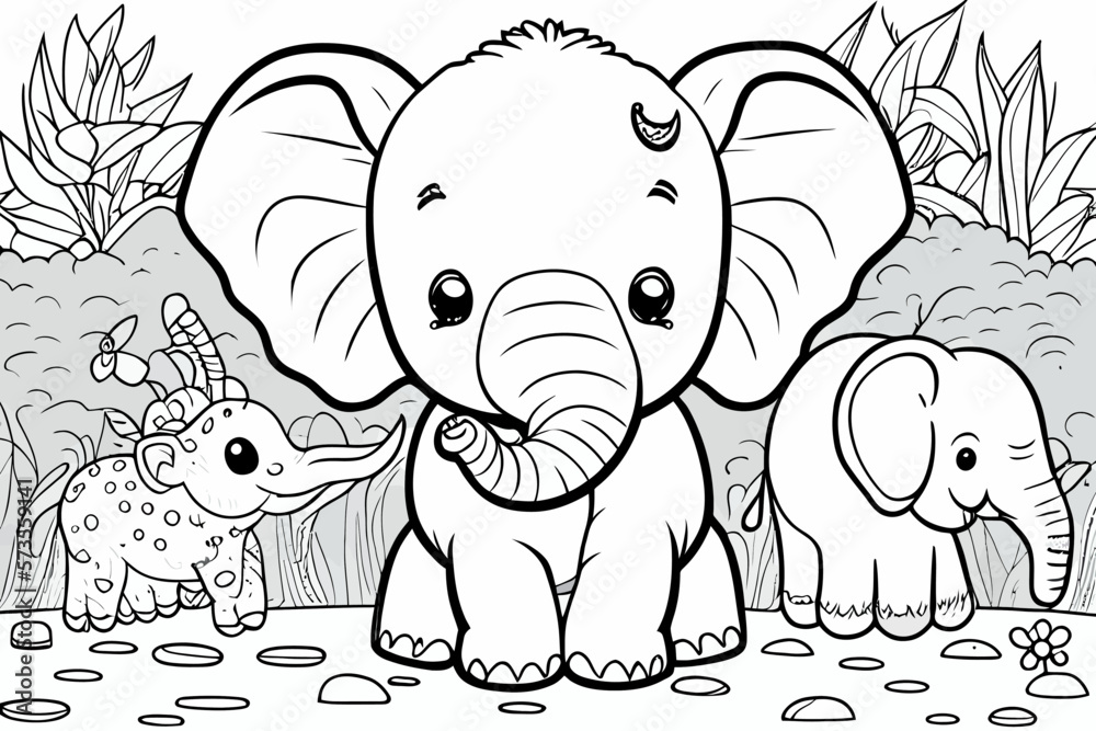 Cute elephant animal coloring book page for children black and white cartoon illustration line art vector