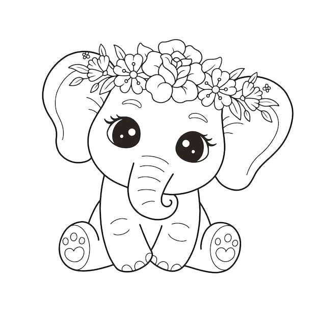 Premium vector cute elephant in a flower crown hand drawn coloring page