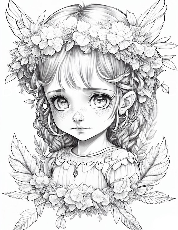 Sweet fairy darling girl coloring page adults kids instant download grayscale coloring page printable pdf fairy coloring cute girls