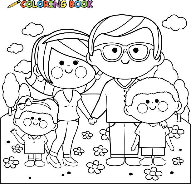 Happy family at the park coloring book page stock illustration