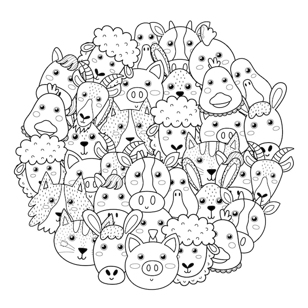 Premium vector farm animals circle shape pattern for coloring book cute farm characters coloring page