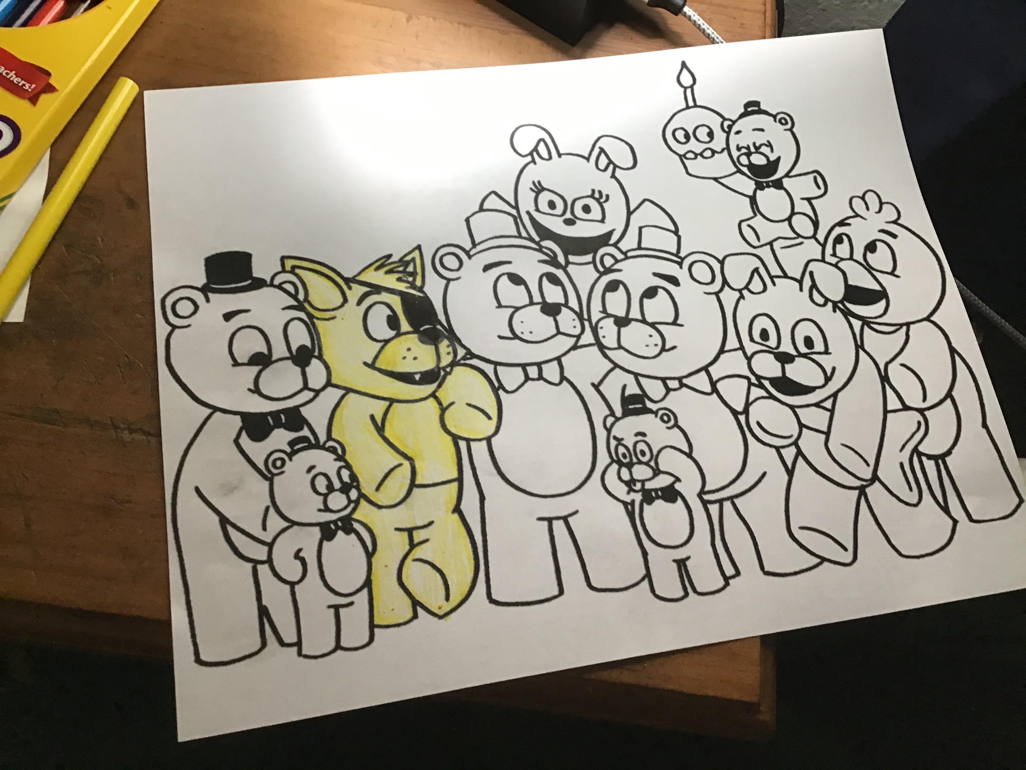 So i decided to print out this fnaf coloring page and color each character with their own unique theme starting off with spring foxy rfivenightsatfreddys