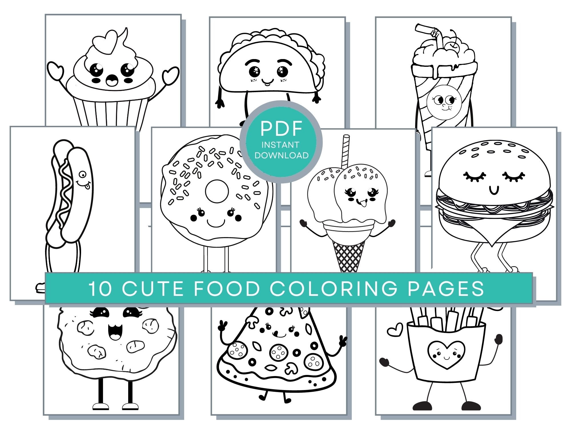 Cute food coloring pages kawaii food printable funny pizza coloring page funny food coloring page cute burger coloring page