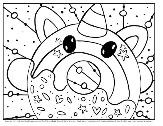 Donutcorn doodle printable cute kawaii coloring page for kids and adults