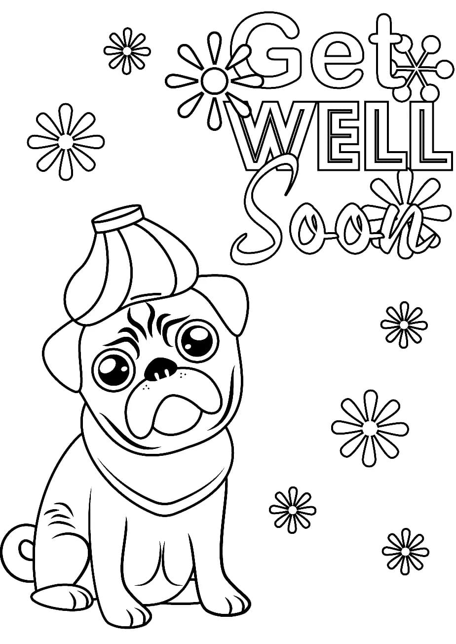 Get well soon cute pug coloring page