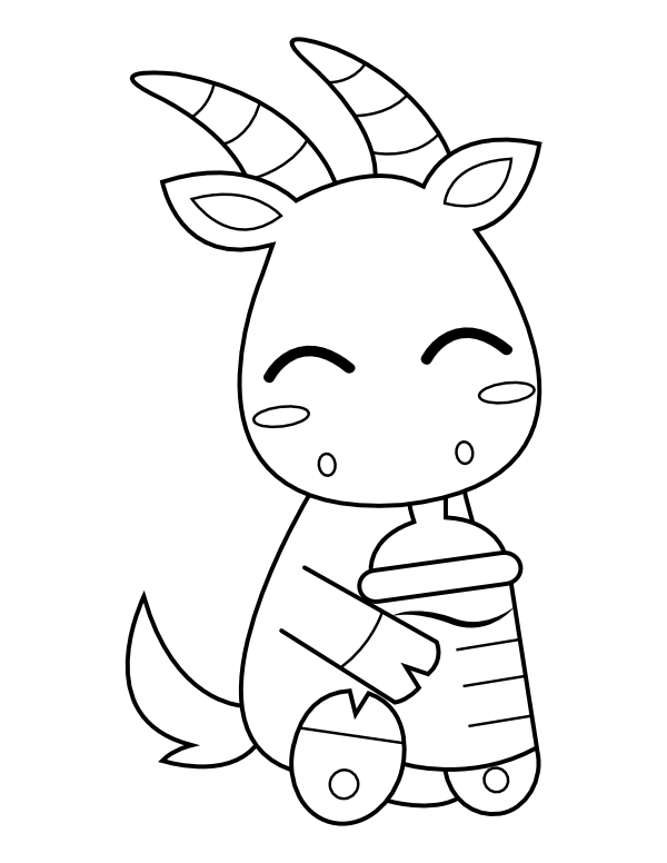 Printable baby goat with bottle coloring page