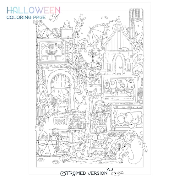 Halloween coloring page cute autumn doodle digital download pdf printable mushroom potion cat skull adult coloring page by jen katz