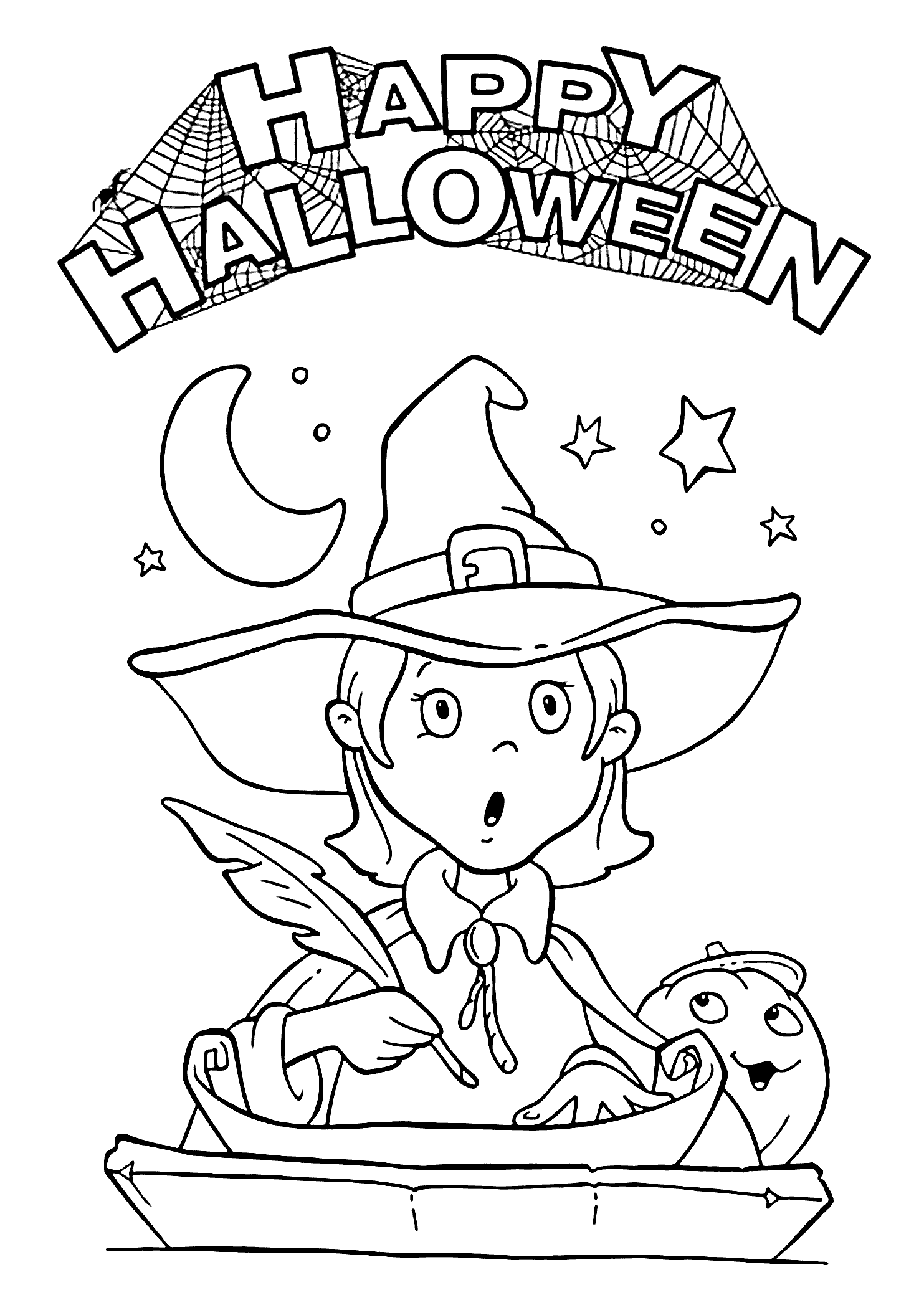 Colorful and spooky halloween witch coloring page for kids