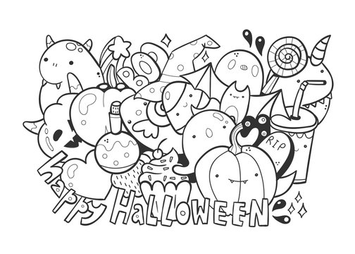 Happy halloween cute monsters doodle coloring page hand drawn vector illustration vector