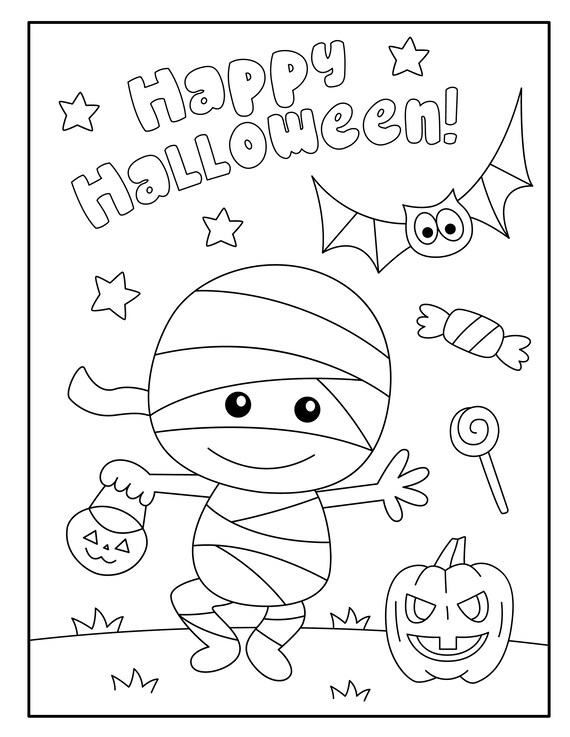 Happy halloween cute children mummy bat pumpkin coloring page