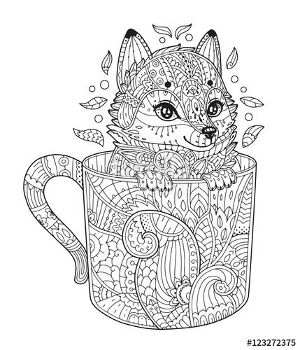 Vector fox in cup adult antistress coloring page with animal in zentangle style vector illustâ fox coloring page animal coloring pages dolphin coloring pages