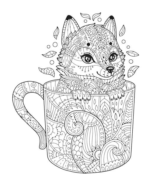 Premium vector fox in cup adult antistress coloring page with animal in zen art style vector illustration