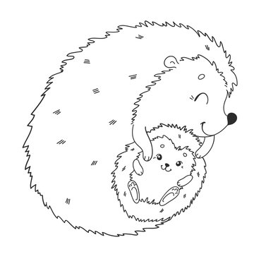 Coloring page with cute hedgehog mother and baby vector