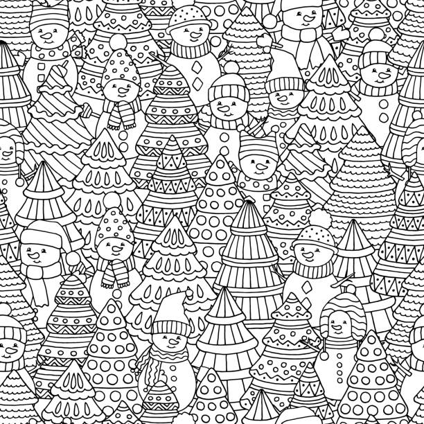 Seamless pattern with christmas trees and snowmen coloring page for kids and adults stock illustration