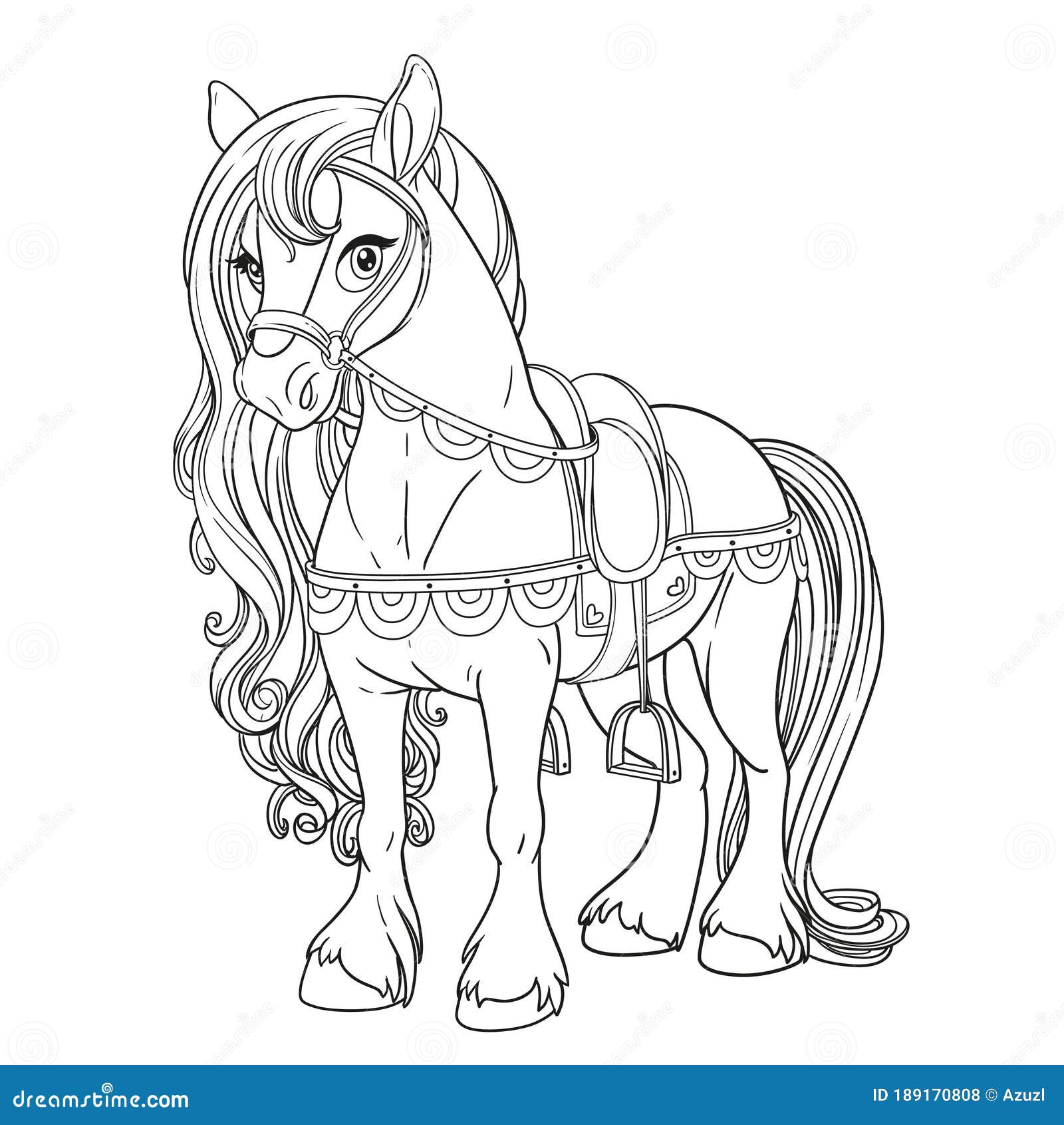 Cute horse harnessed to a saddle outlined picture for coloring b stock illustration