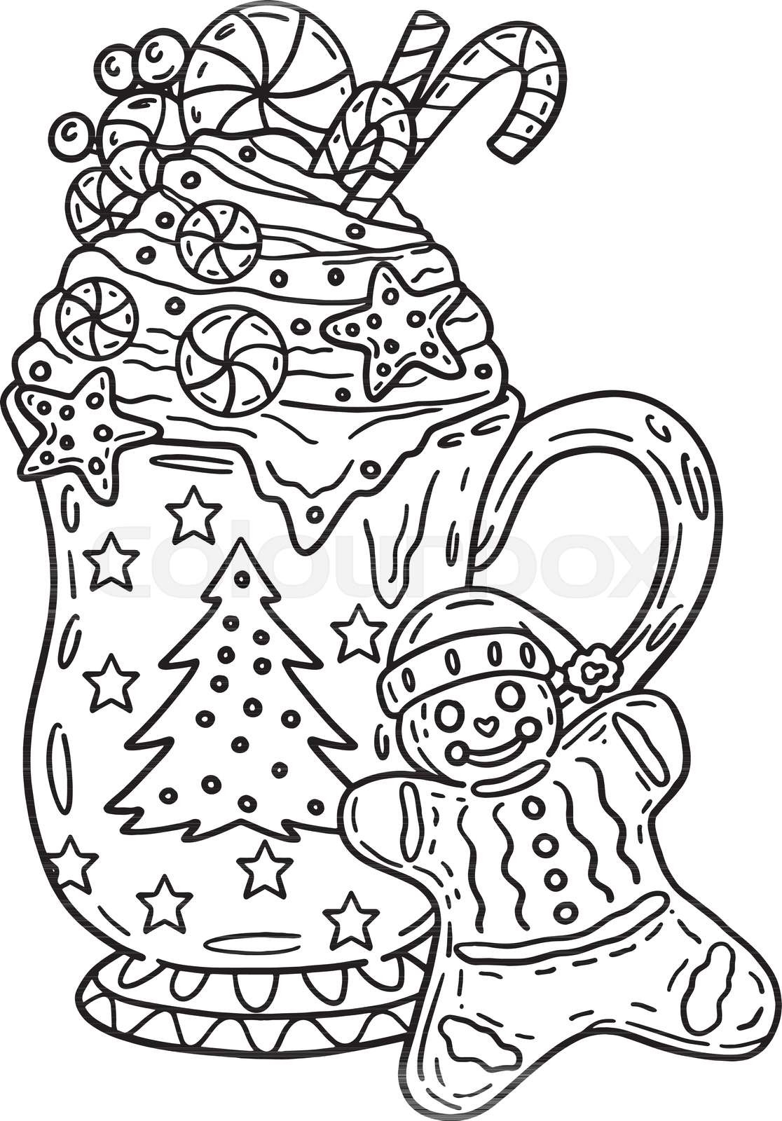 Christmas hot cocoa isolated adults coloring page stock vector