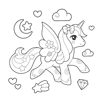 Premium vector cute unicorn coloring page illustration