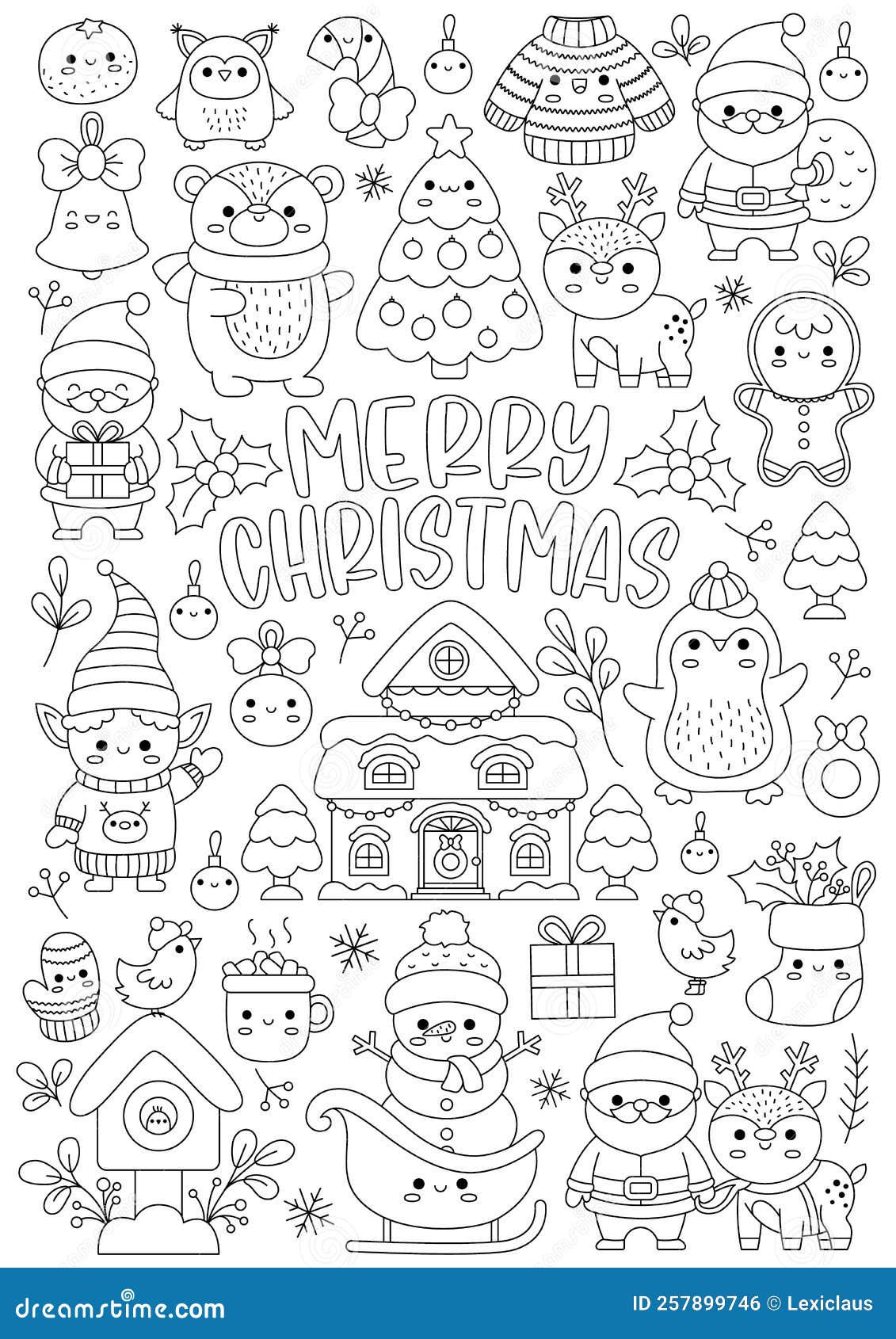 Vector christmas vertical line coloring page for kids with cute kawaii characters black and white winter holiday illustration stock vector