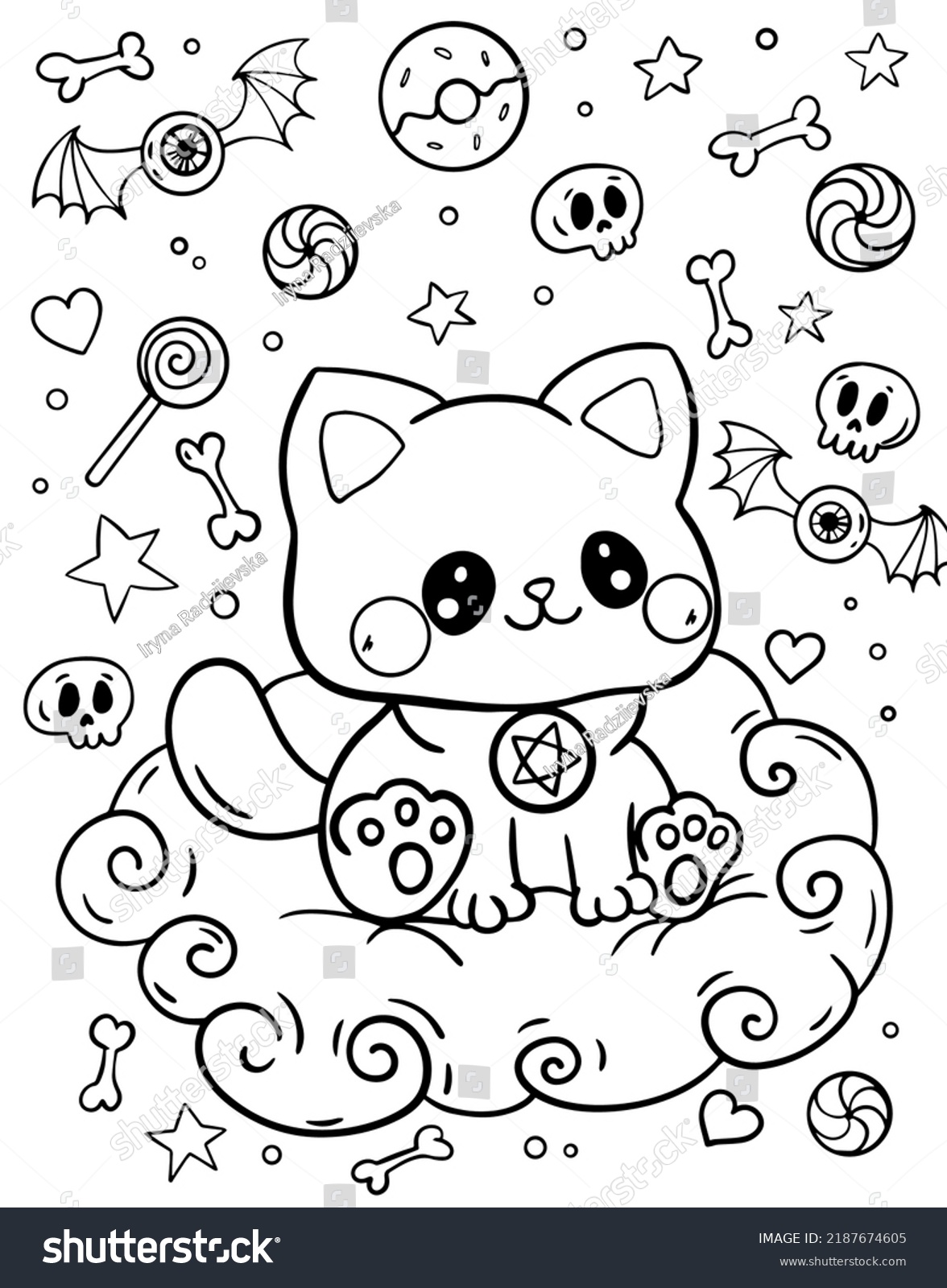 Kawaii coloring page cat sitting clouds stock vector royalty free