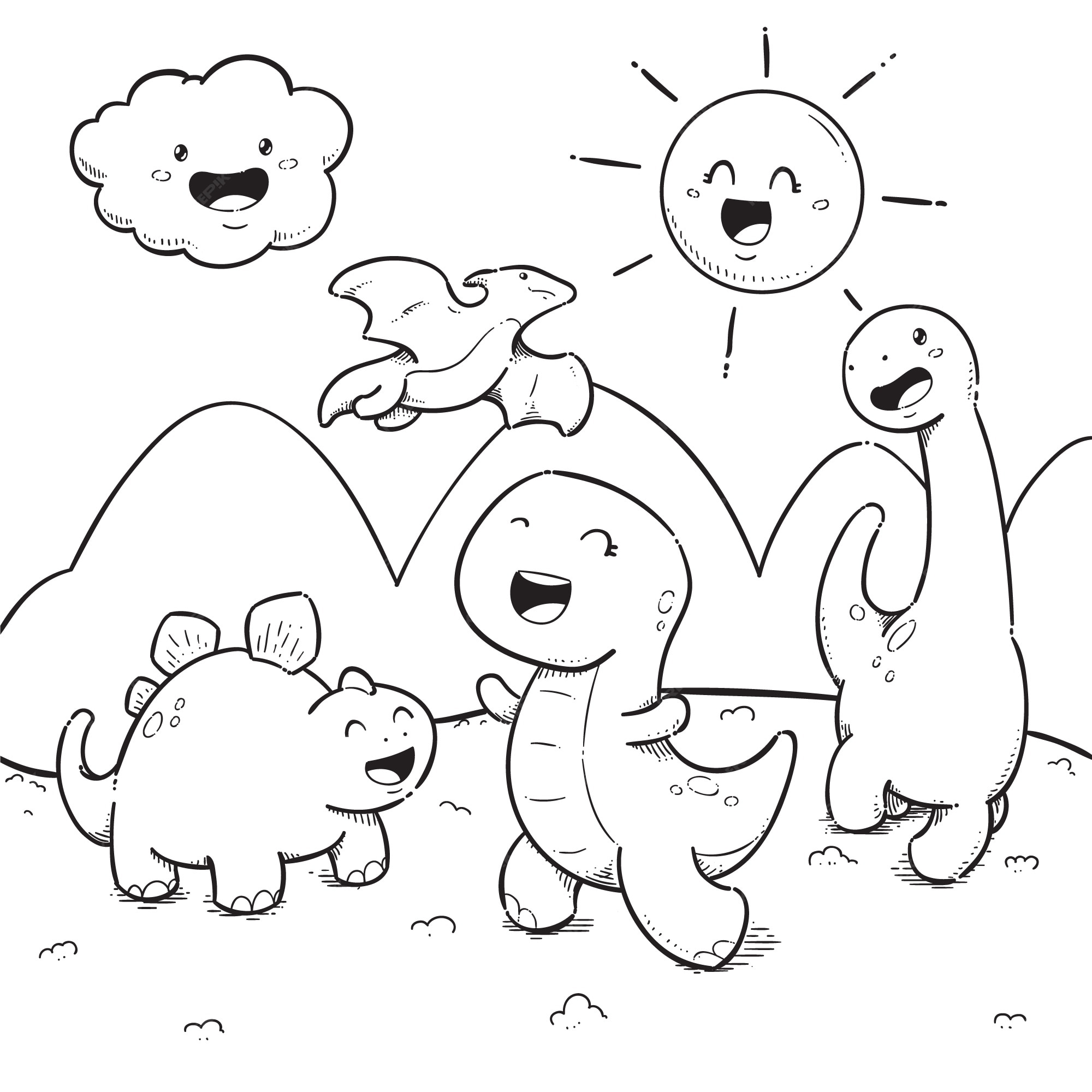 Free vector hand drawn kawaii coloring book with dinosaurs