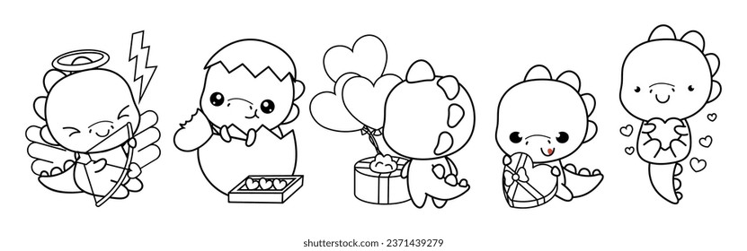 Set kawaii dino coloring page illustrations stock vector royalty free