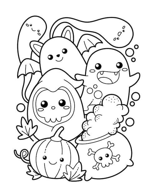 Premium vector cute and kawaii halloween theme coloring page