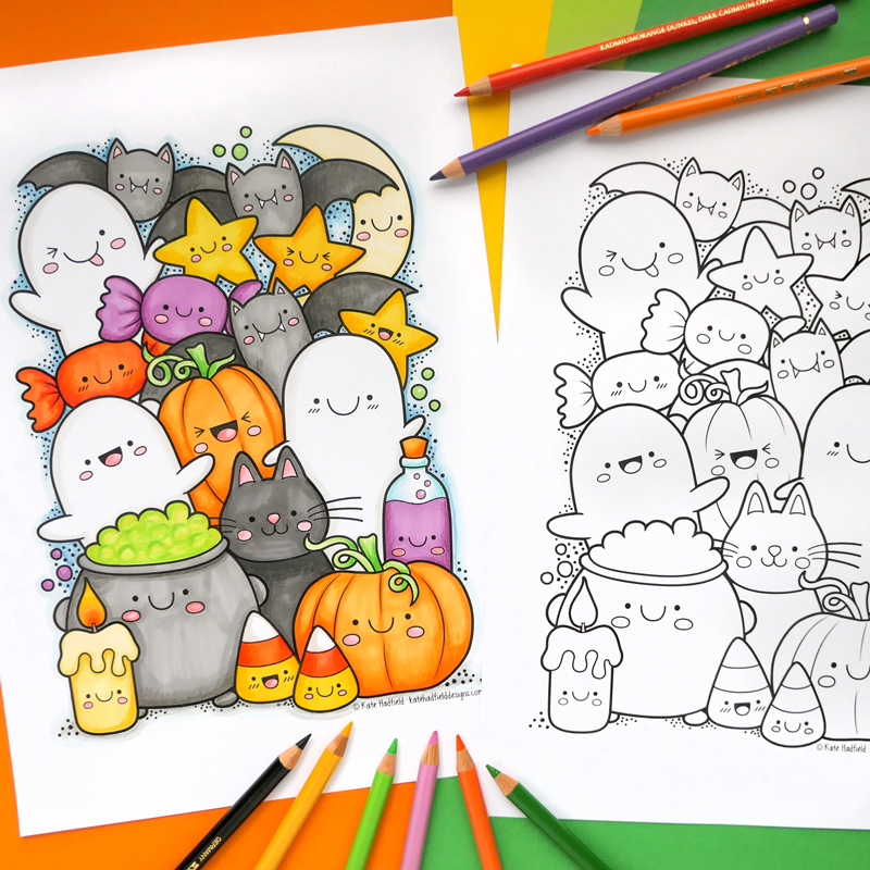 Kawaii halloween colouring page