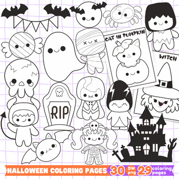 Halloween doodles and kawaii coloring pages by mylittledigitalstore
