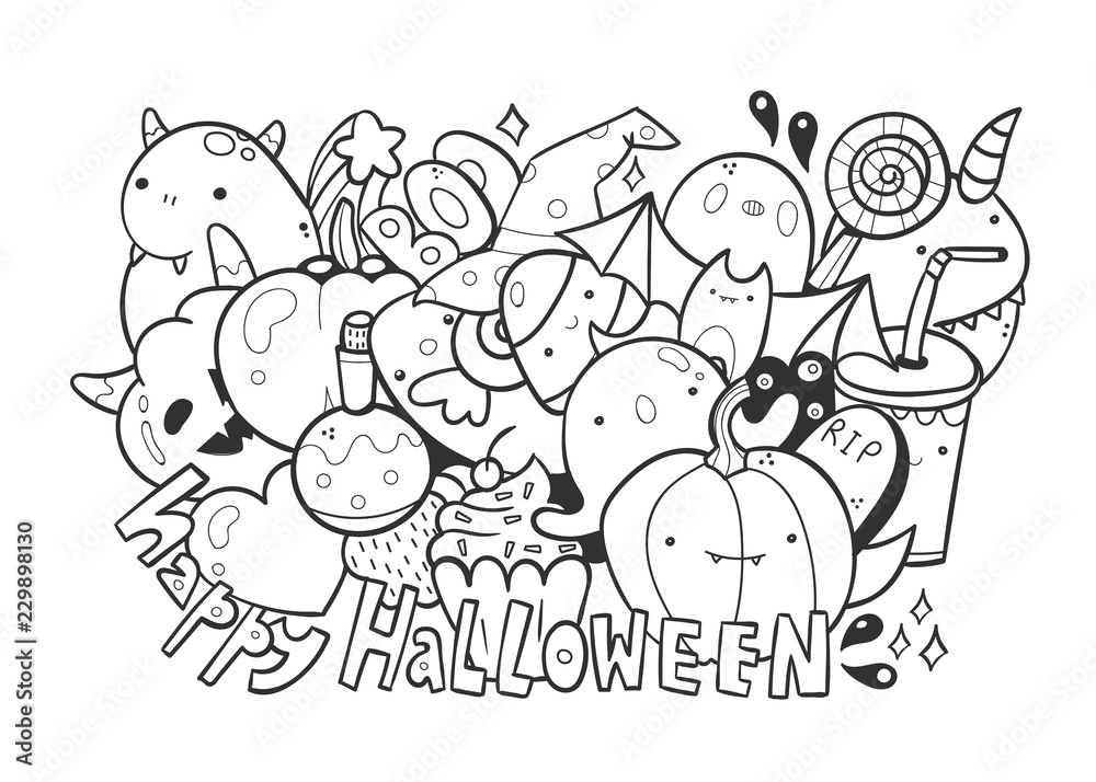Happy halloween cute monsters doodle coloring page hand drawn vector illustration vector