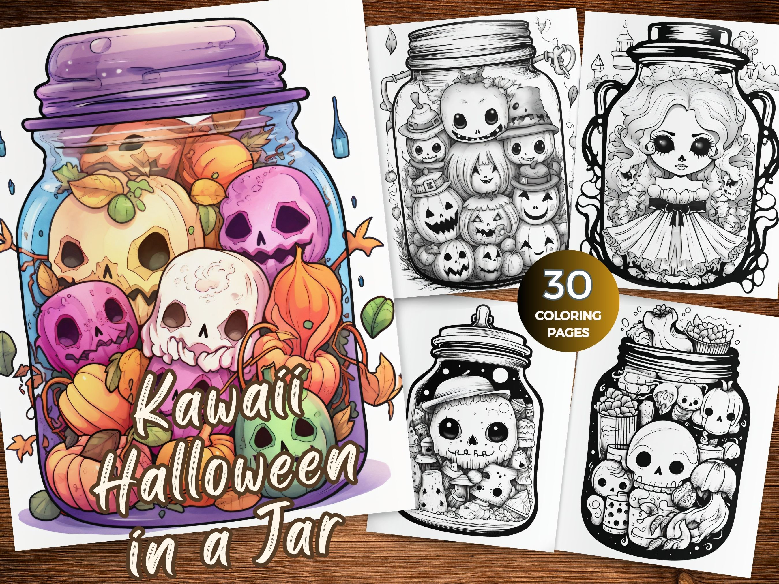 Cute kawaii halloween coloring pages of kawaii halloween in a jar coloring book instant download spooky kawaii grayscale coloring sheets