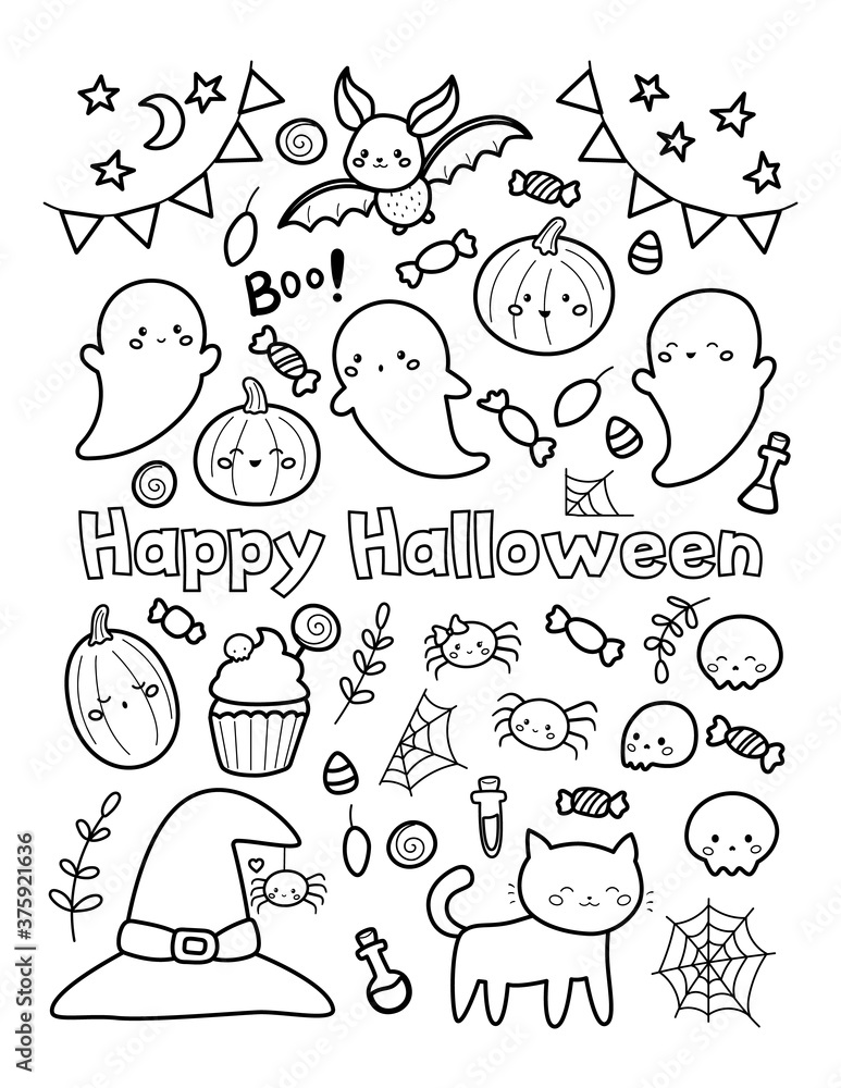 Happy halloween coloring page for children cute doodle pumpkins ghost bats sweets and cats kawaii cartoon characters vector