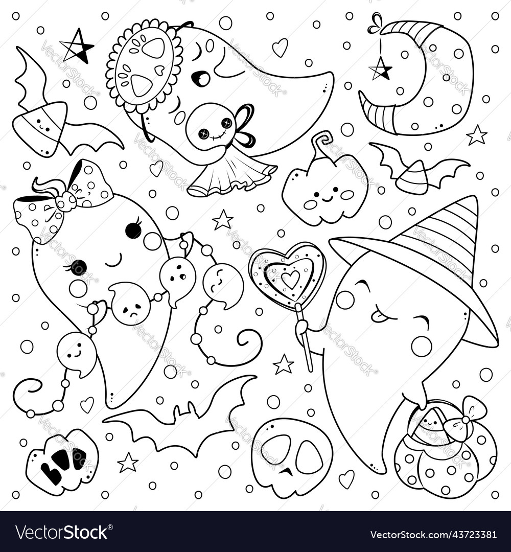 Kawaii ghosts for halloween coloring page vector image