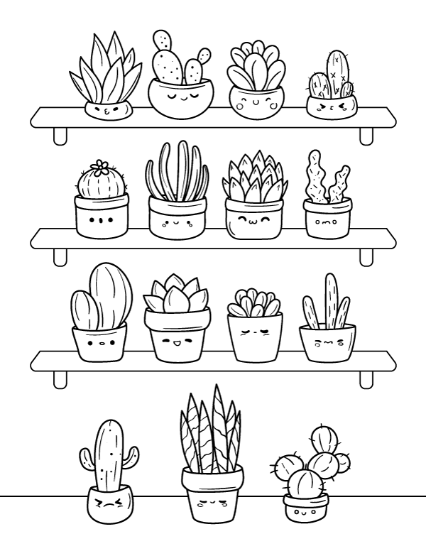 Printable kawaii succulents coloring page