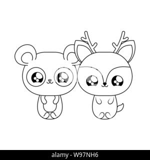 Cute reindeer with panda bear baby animals kawaii style vector illustration design stock vector image art