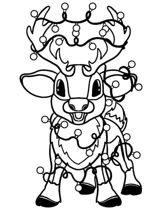 Printable cute baby reindeer christmas lights santa deer rudolph digital download christmas coloring page download now