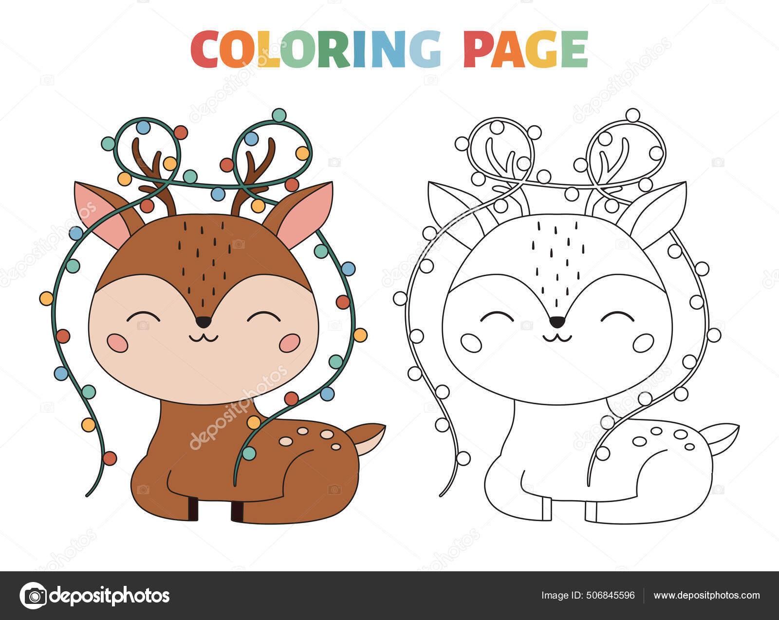 Coloring page with cute deer and christmas lights coloring book for kids with a colored example cartoon kawaii character black contour silhouette forest animal vector illustration stock vector by kristina