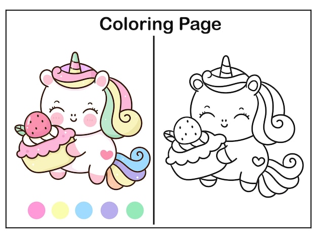 Premium vector cute unicorn coloring with birthday cake kawaii worksheet