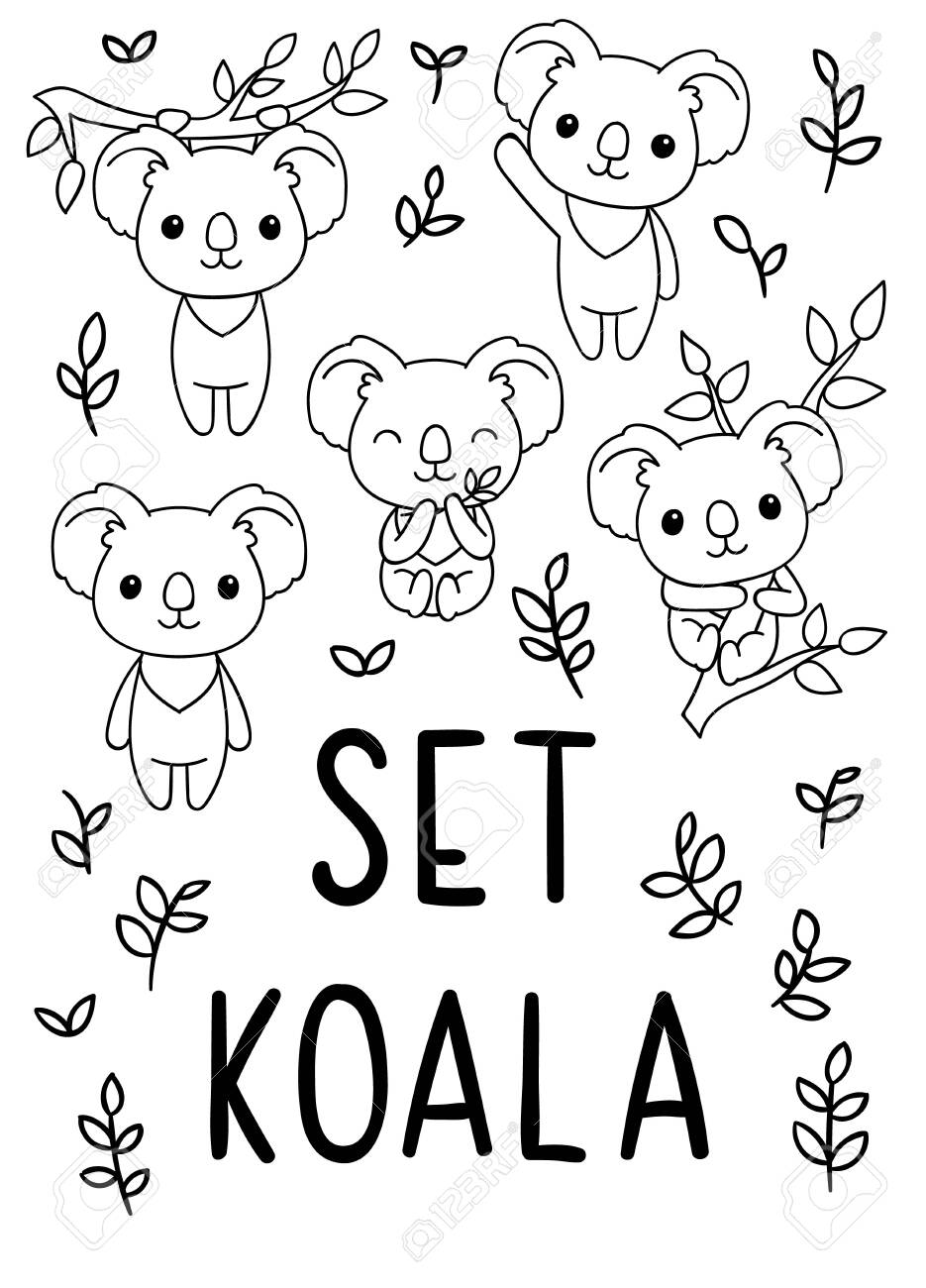 Coloring pages black and white set cute kawaii hand drawn koala doodles royalty free svg cliparts vectors and stock illustration image