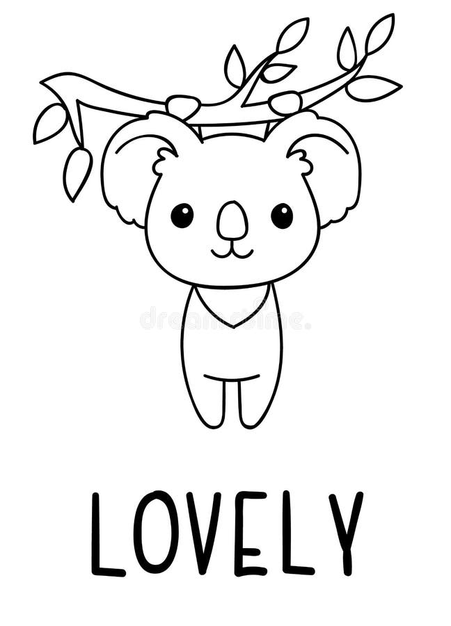 Coloring pages black and white cute kawaii hand drawn koala doodles lettering lovely stock vector