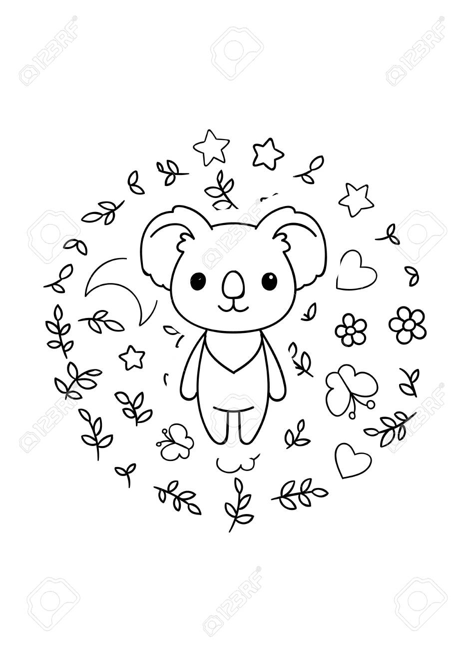 Coloring pages black and white cute kawaii hand drawn koala doodles circle print print royalty free svg cliparts vectors and stock illustration image