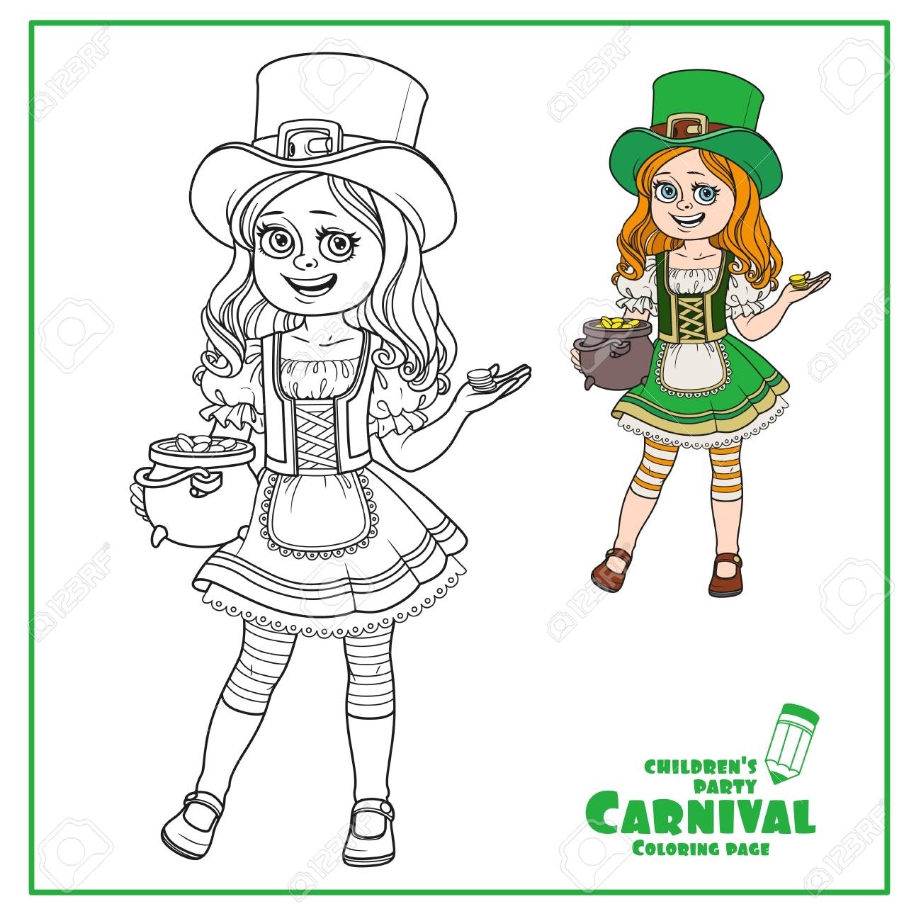 Cute girl in leprechaun costume with a pot of gold color and outlined for coloring page royalty free svg cliparts vectors and stock illustration image