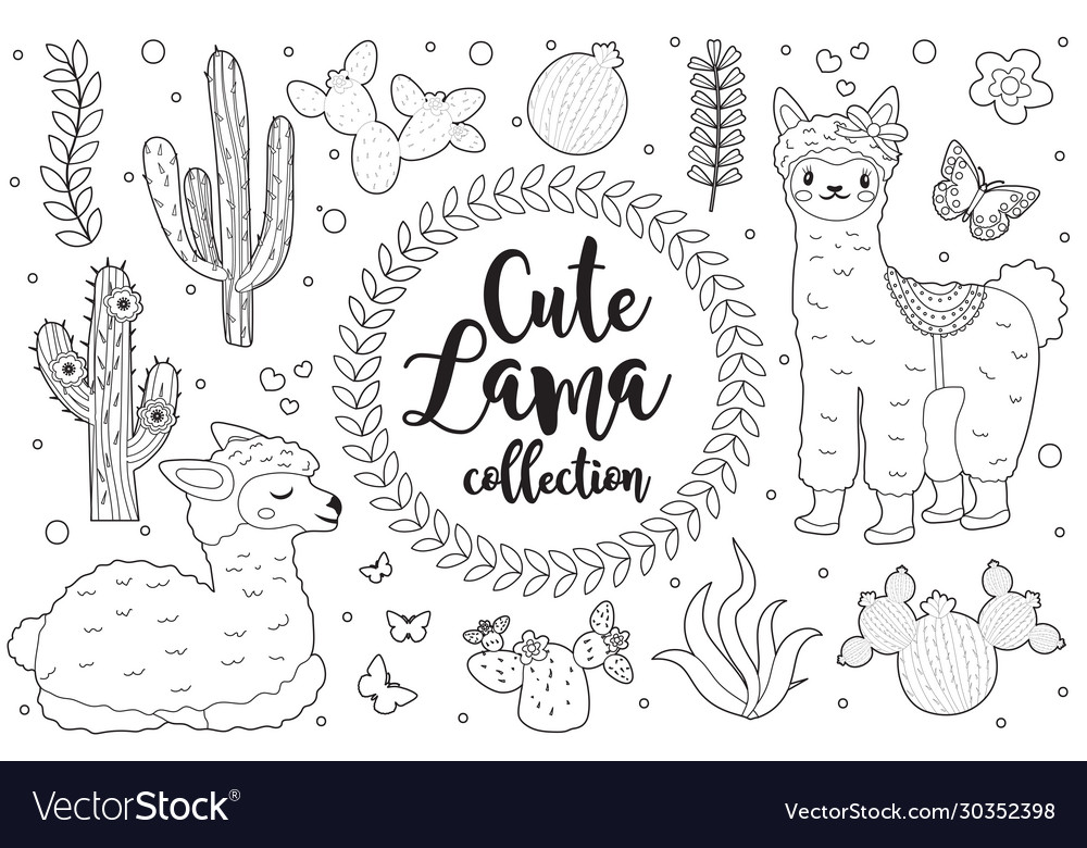 Cute little llama set coloring book page for kids vector image