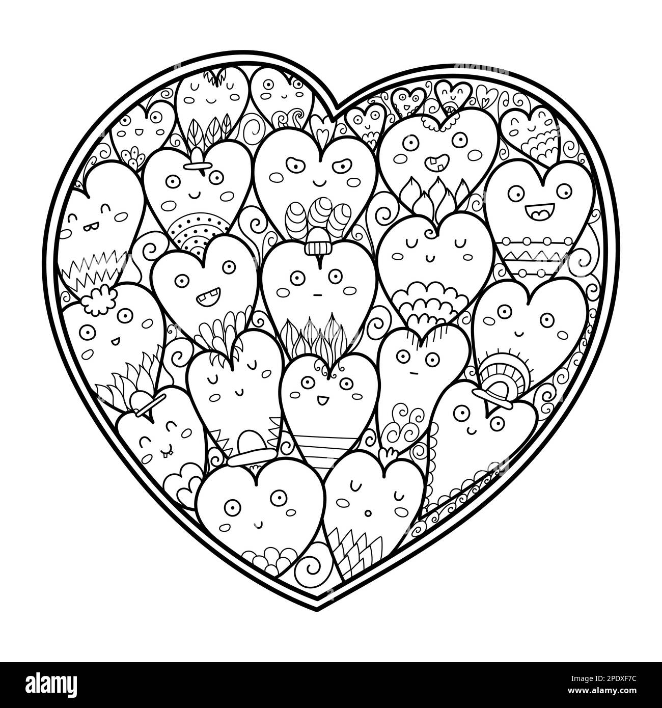 Doodle heart coloring page with cute characters black and white kawaii pattern for antistress coloring book stock vector image art