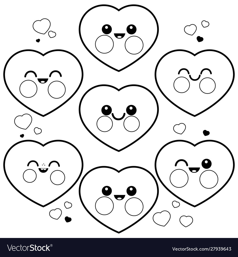 Cute heart characters coloring page royalty free vector